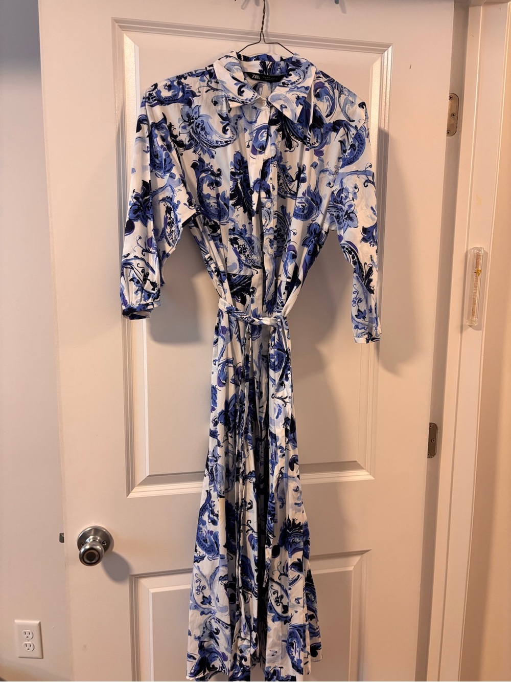 Zara Blue & White Floral Tie-Waist Maxi Dress